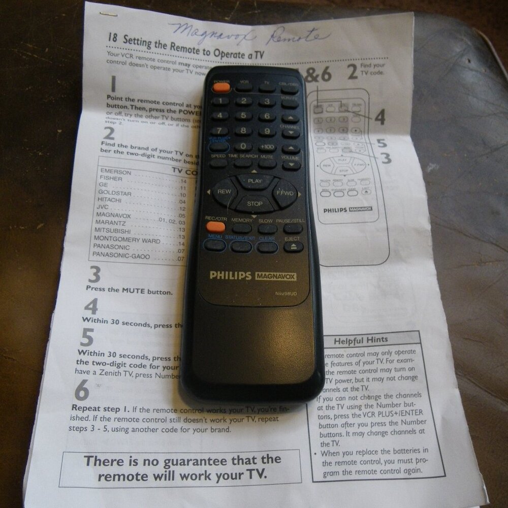 Vintage Philips Magnavox TV/VCR Remote Control N9298UD & Instructions